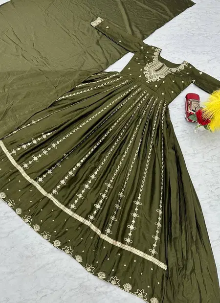 Pc 435 Chinon Embroidery Sequence Work Gown With Dupatta